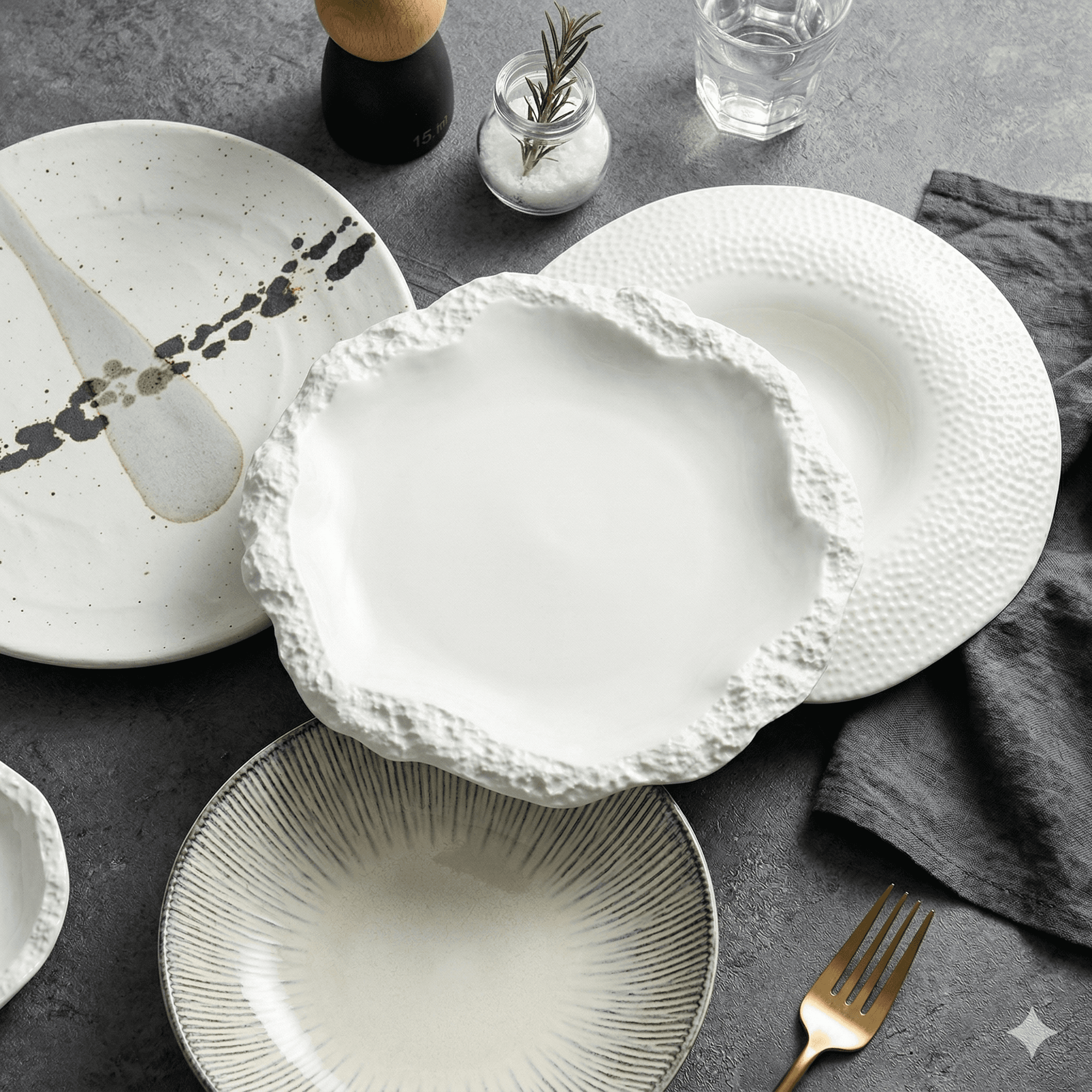 Premium artisan ceramic plates arranged on dark slate surface